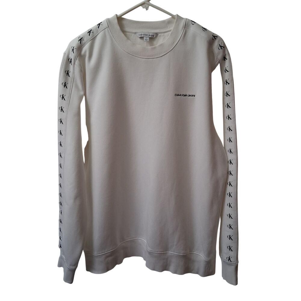 Calvin Klein Crew Neck Long Sleeve Logo Sweatshirt Men Fleece Lining White-L